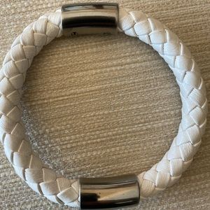 Burberry leather braided bangle with silver tone accents.